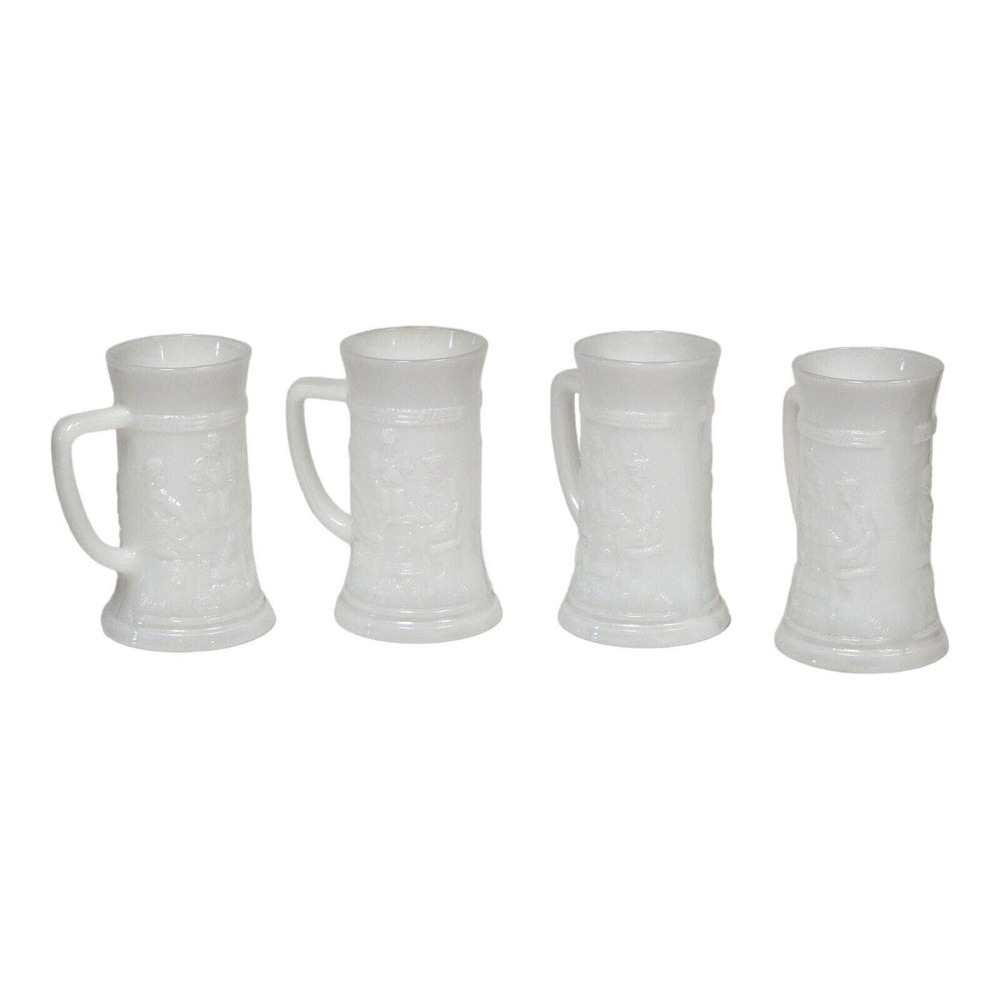 Vtg Federal Milk Glass German Beer Steins (4) w/ Tavern Saloon Bar Scene Barware